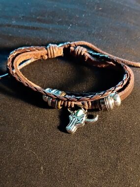 Brown Leather Braided Men’s Bracelet with Bull Head Charm